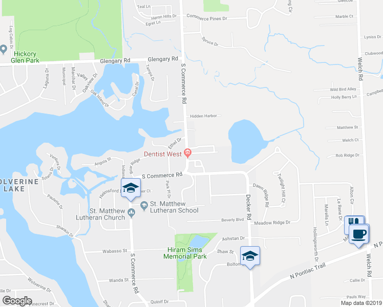 map of restaurants, bars, coffee shops, grocery stores, and more near 2390 South Commerce Road in Walled Lake