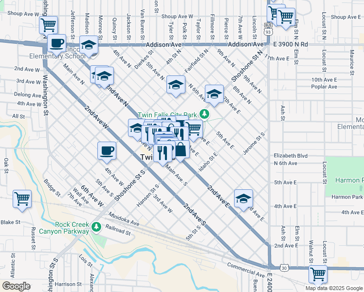 map of restaurants, bars, coffee shops, grocery stores, and more near 132 3rd Avenue East in Twin Falls