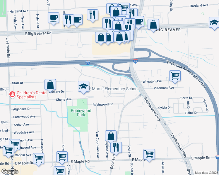 map of restaurants, bars, coffee shops, grocery stores, and more near 2345 Rochester Court in Troy