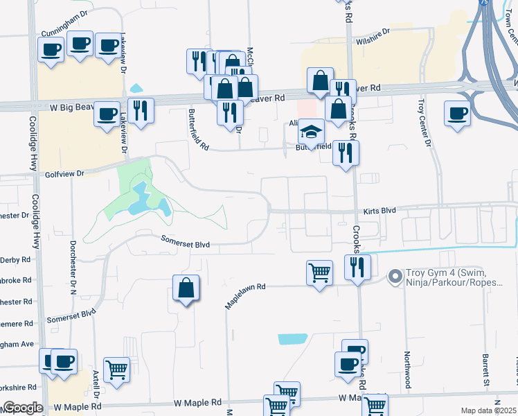 map of restaurants, bars, coffee shops, grocery stores, and more near 1911 Golfview Drive in Troy