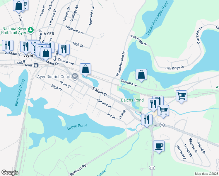 map of restaurants, bars, coffee shops, grocery stores, and more near 6 Groton-Harvard Road in Ayer