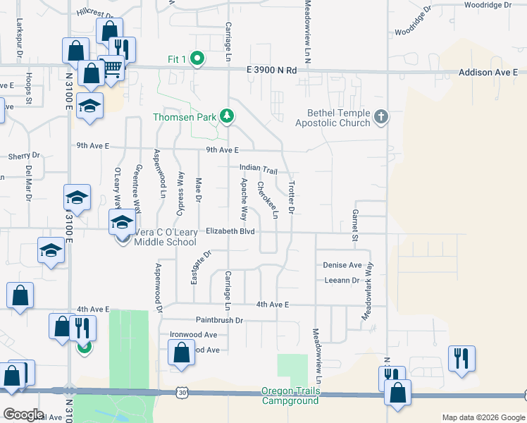 map of restaurants, bars, coffee shops, grocery stores, and more near 642 Navajo Loop in Twin Falls