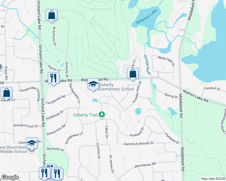 map of restaurants, bars, coffee shops, grocery stores, and more near 5572 Swan Lake Drive in West Bloomfield Township