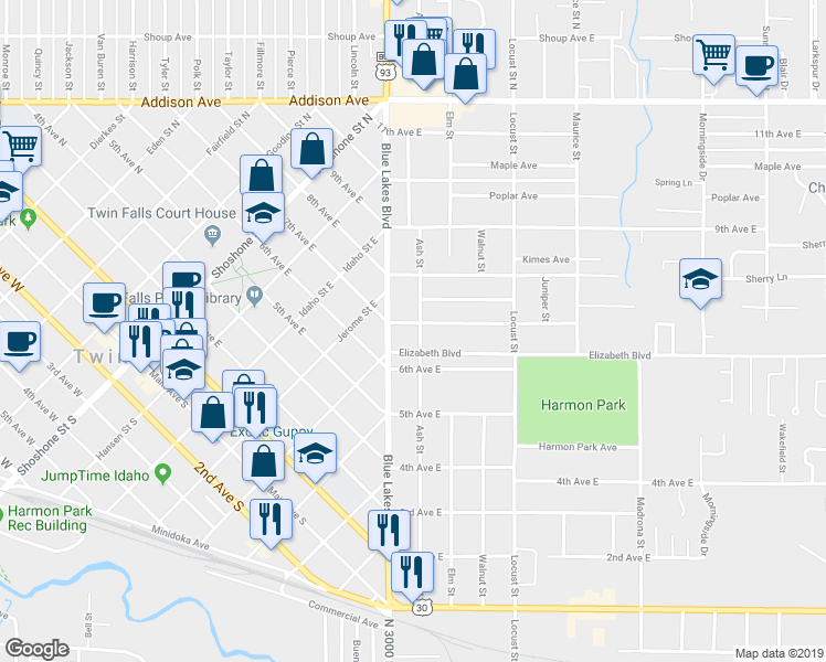 map of restaurants, bars, coffee shops, grocery stores, and more near 1140 7th Avenue East in Twin Falls