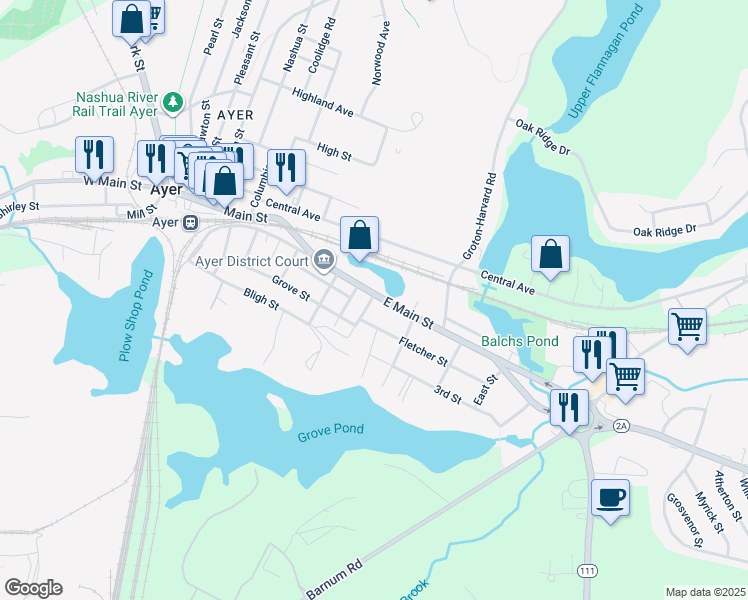 map of restaurants, bars, coffee shops, grocery stores, and more near 2 Pond Street in Ayer