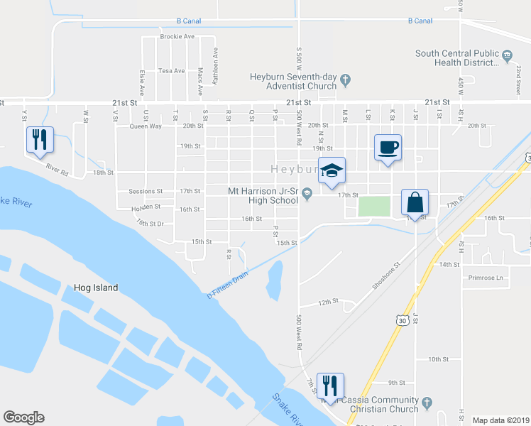 map of restaurants, bars, coffee shops, grocery stores, and more near 1622 16th Street in Heyburn
