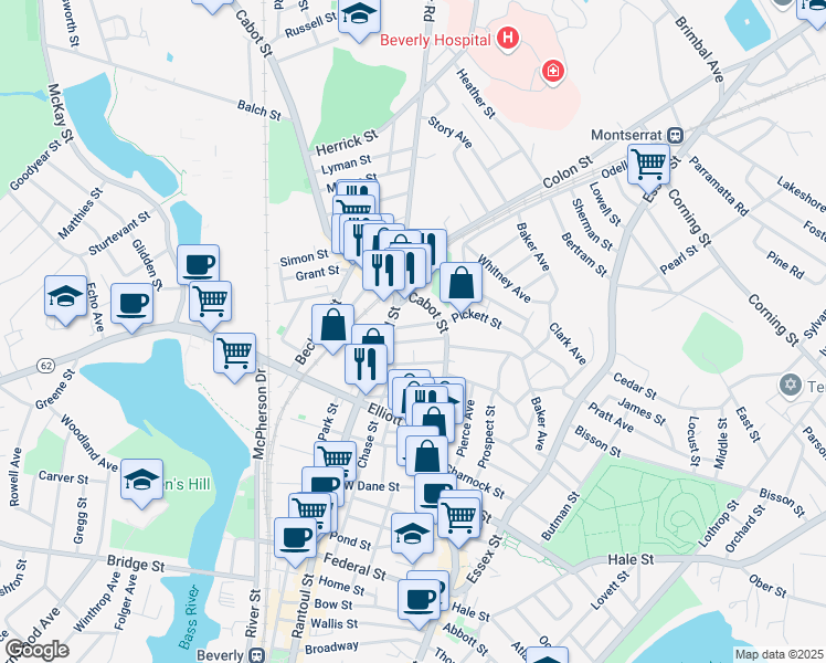map of restaurants, bars, coffee shops, grocery stores, and more near 12 Lenox Street in Beverly