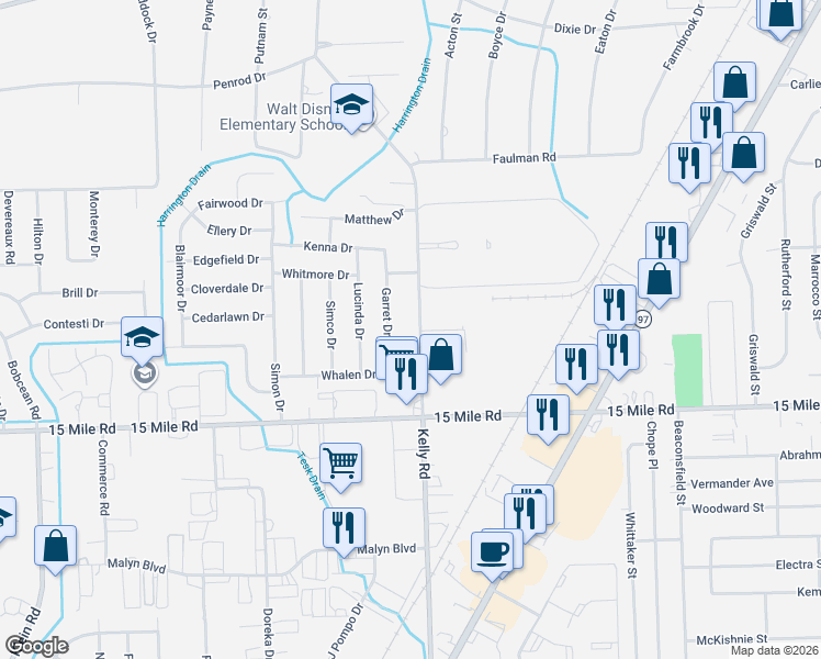map of restaurants, bars, coffee shops, grocery stores, and more near 35295 Kelly Road in Macomb County