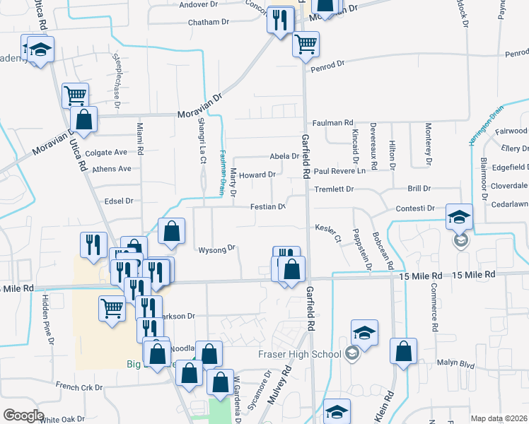 map of restaurants, bars, coffee shops, grocery stores, and more near 16534 Festian Drive in Clinton Township
