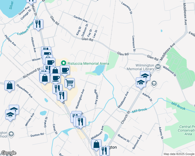 map of restaurants, bars, coffee shops, grocery stores, and more near 24 Railroad Avenue in Wilmington