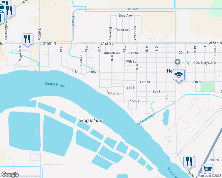 map of restaurants, bars, coffee shops, grocery stores, and more near 2111 Holsten Street in Heyburn