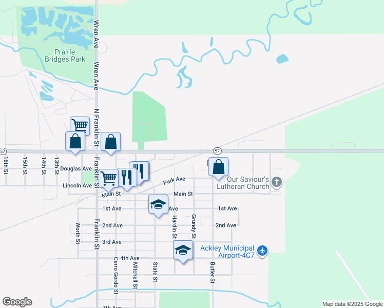 map of restaurants, bars, coffee shops, grocery stores, and more near 922 Sherman Avenue in Ackley