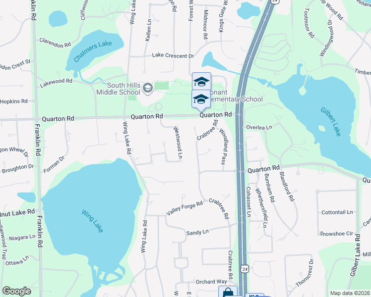 map of restaurants, bars, coffee shops, grocery stores, and more near 5583 Westwood Lane in Bloomfield Hills