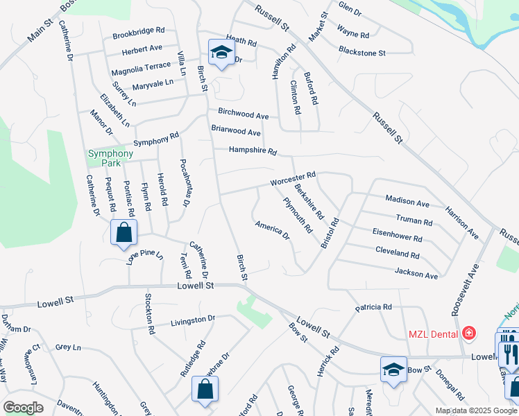 map of restaurants, bars, coffee shops, grocery stores, and more near 15 America Drive in Peabody