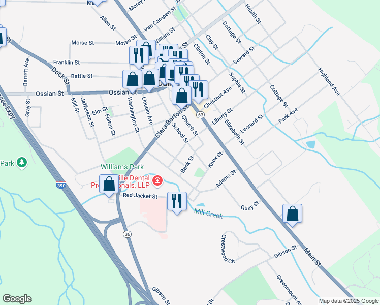 map of restaurants, bars, coffee shops, grocery stores, and more near 11 West Liberty Street in Dansville