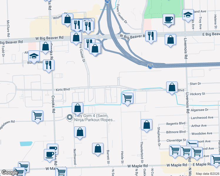 map of restaurants, bars, coffee shops, grocery stores, and more near 913 Kirts Boulevard in Troy