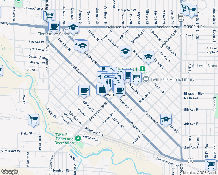map of restaurants, bars, coffee shops, grocery stores, and more near 148 Main Avenue West in Twin Falls