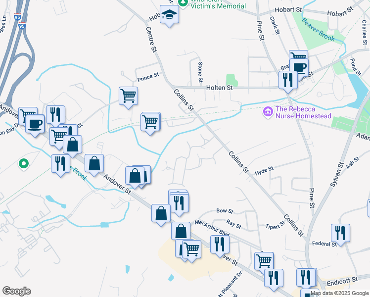 map of restaurants, bars, coffee shops, grocery stores, and more near 134 Village Post Road in Danvers