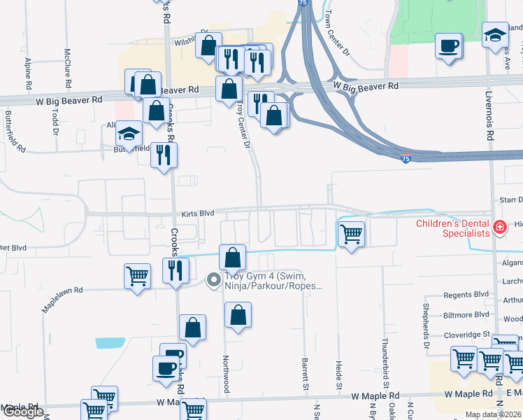 map of restaurants, bars, coffee shops, grocery stores, and more near 1071 Kirts Boulevard in Troy