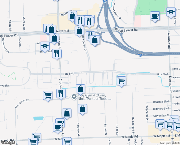 map of restaurants, bars, coffee shops, grocery stores, and more near 1071 Kirts Boulevard in Troy