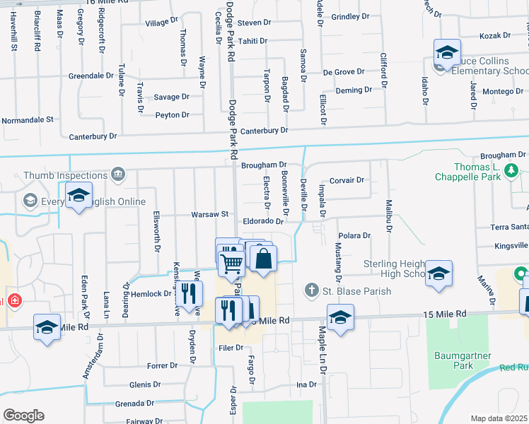 map of restaurants, bars, coffee shops, grocery stores, and more near 11659 Eldorado Drive in Sterling Heights
