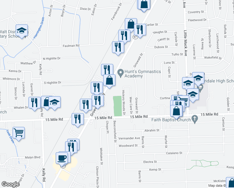 map of restaurants, bars, coffee shops, grocery stores, and more near 35468 Groesbeck Highway in Clinton Township