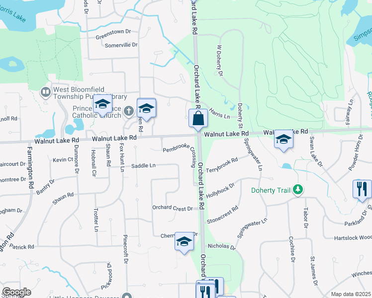 map of restaurants, bars, coffee shops, grocery stores, and more near 5614 Pembrooke Crossing in West Bloomfield Township