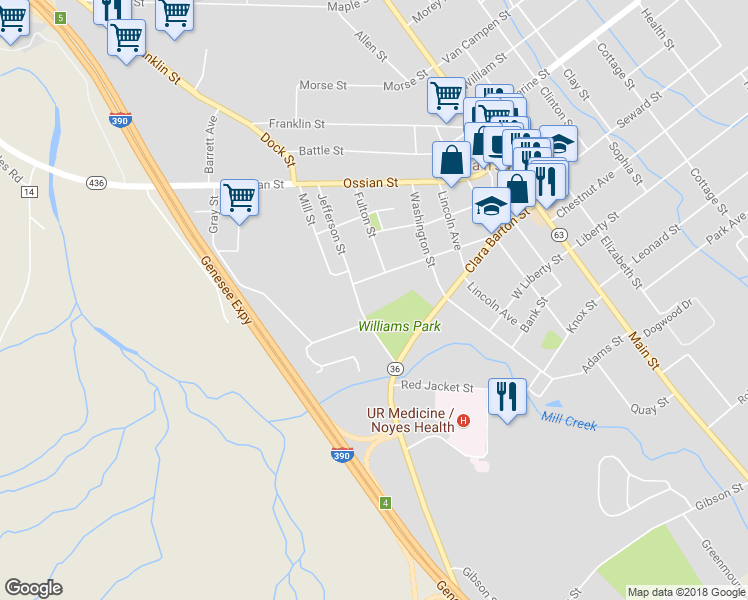 map of restaurants, bars, coffee shops, grocery stores, and more near 49 West Avenue in Dansville