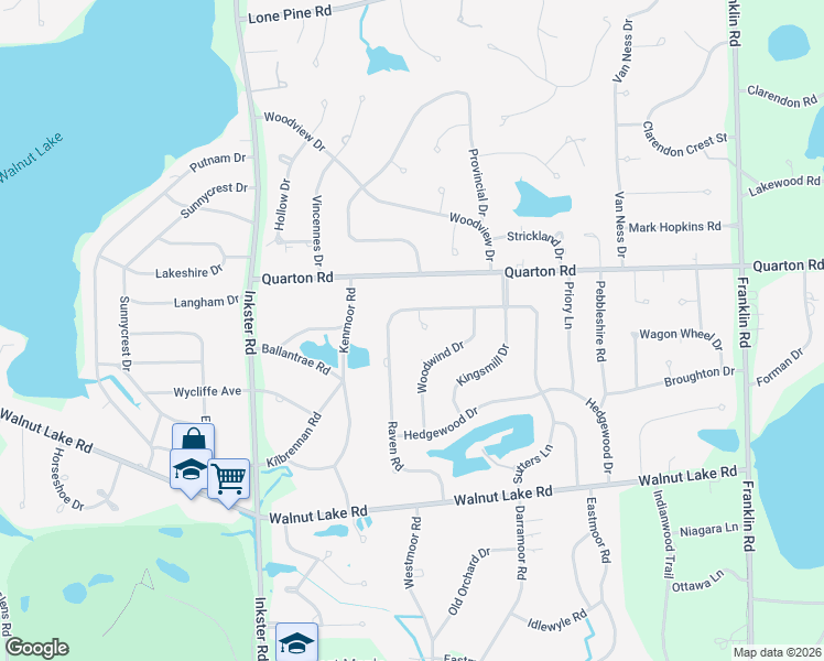 map of restaurants, bars, coffee shops, grocery stores, and more near 5639 Raven Court in Bloomfield Hills