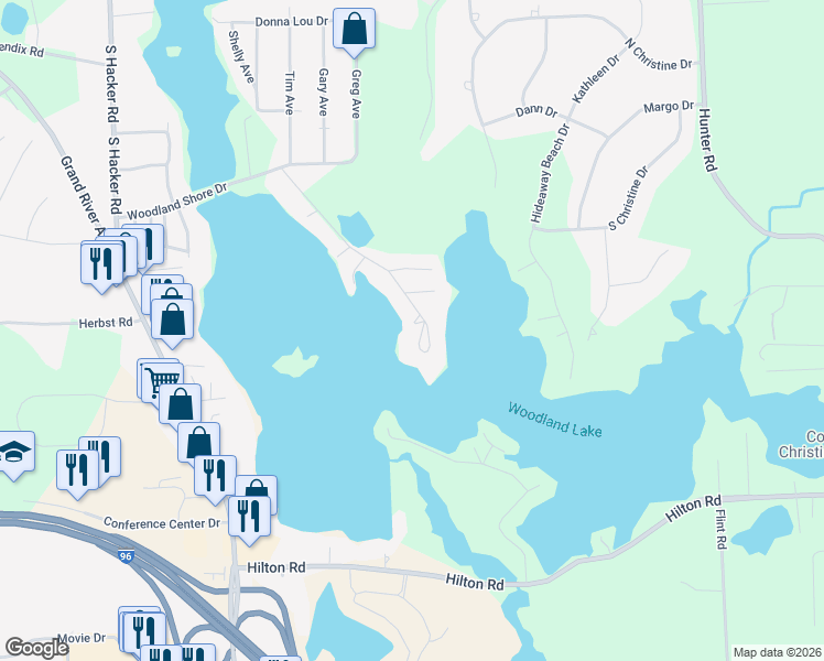 map of restaurants, bars, coffee shops, grocery stores, and more near 8452 Woodland Shore Drive in Brighton