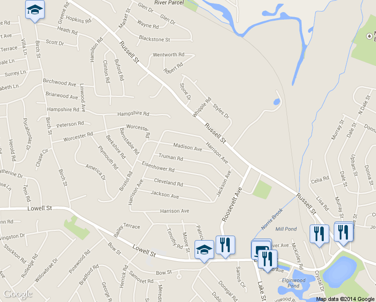 map of restaurants, bars, coffee shops, grocery stores, and more near 10 Madison Avenue in Peabody