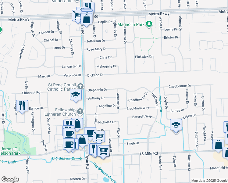 map of restaurants, bars, coffee shops, grocery stores, and more near 4254 Stephanie Drive in Sterling Heights