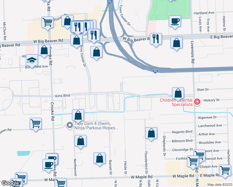 map of restaurants, bars, coffee shops, grocery stores, and more near 731 Kirts Boulevard in Troy