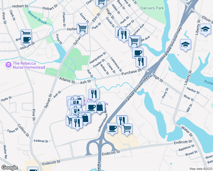 map of restaurants, bars, coffee shops, grocery stores, and more near 58 Purchase Street in Danvers
