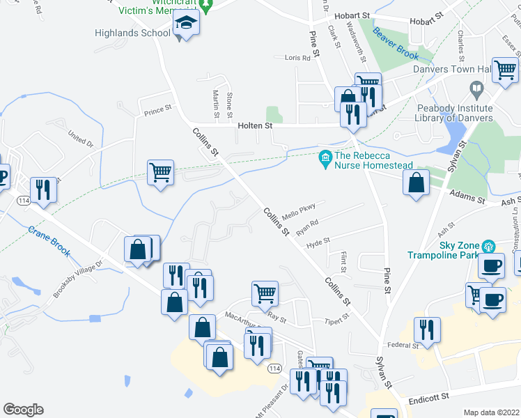 map of restaurants, bars, coffee shops, grocery stores, and more near 2 Carriage Way in Danvers