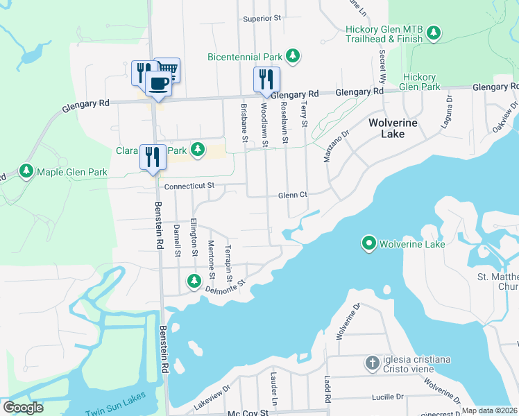 map of restaurants, bars, coffee shops, grocery stores, and more near 1230 Woodlawn Court in Commerce Charter Township