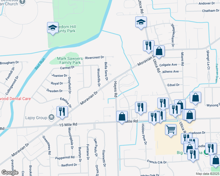 map of restaurants, bars, coffee shops, grocery stores, and more near 35425 Hayes Road in Sterling Heights