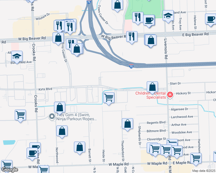 map of restaurants, bars, coffee shops, grocery stores, and more near 731 Kirts Boulevard in Troy