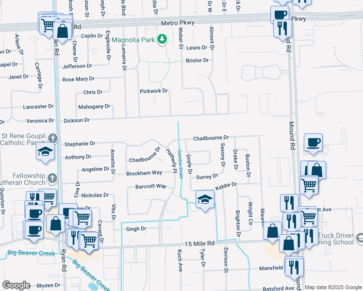 map of restaurants, bars, coffee shops, grocery stores, and more near 35630 Hatherly Place in Sterling Heights