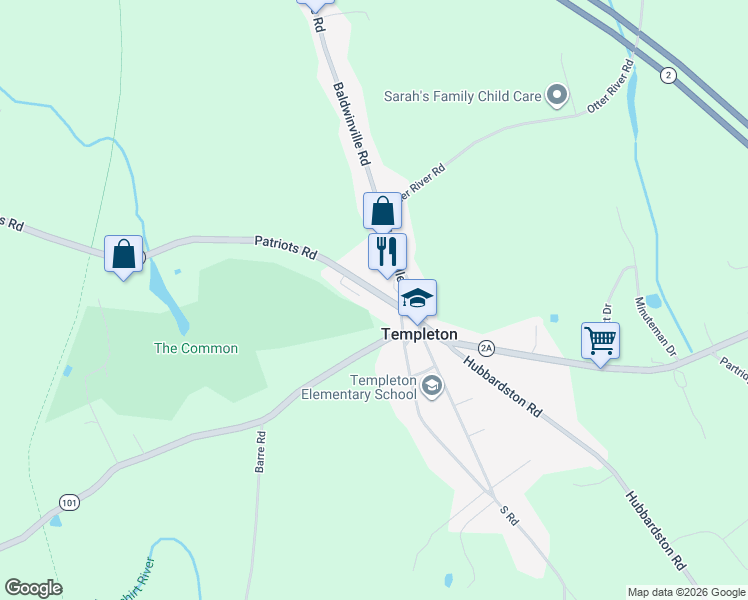 map of restaurants, bars, coffee shops, grocery stores, and more near 504 Patriots Road in Templeton