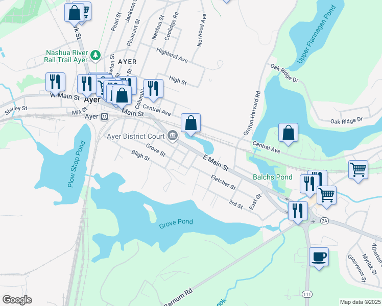 map of restaurants, bars, coffee shops, grocery stores, and more near 41 East Main Street in Ayer