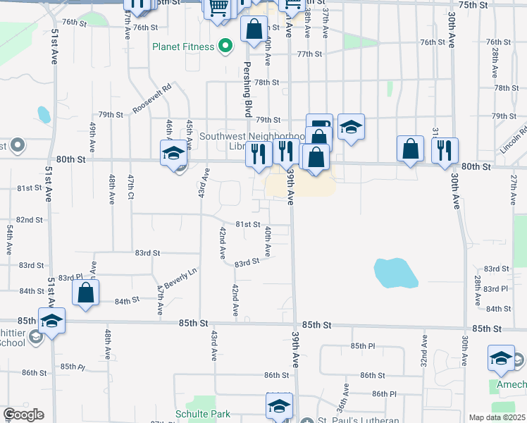 map of restaurants, bars, coffee shops, grocery stores, and more near 4000 81st Street in Kenosha
