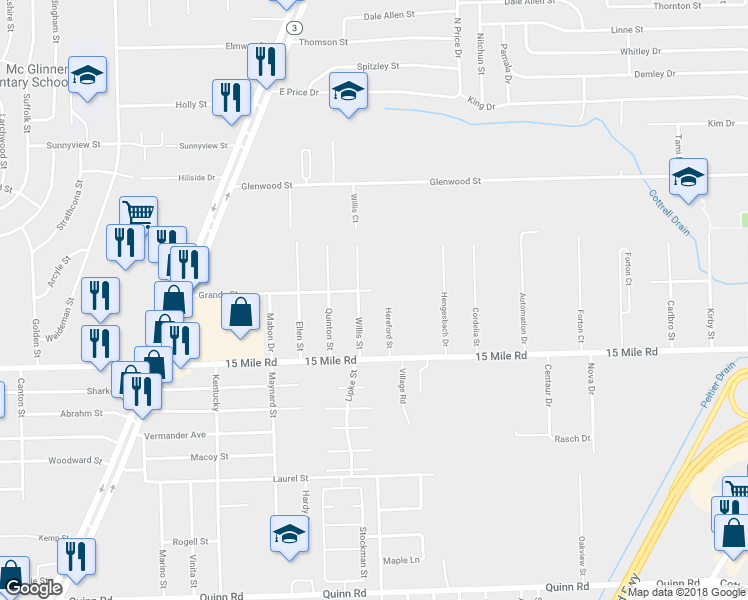 map of restaurants, bars, coffee shops, grocery stores, and more near 22330 Grandy Street in Charter Township of Clinton