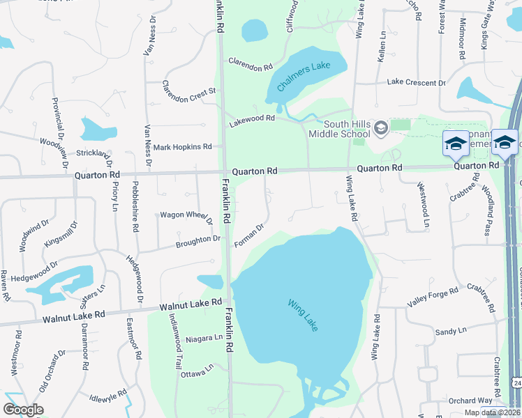 map of restaurants, bars, coffee shops, grocery stores, and more near 5640 Forman Drive in Bloomfield Hills