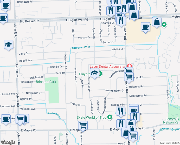 map of restaurants, bars, coffee shops, grocery stores, and more near 2239 Castleton Drive in Troy