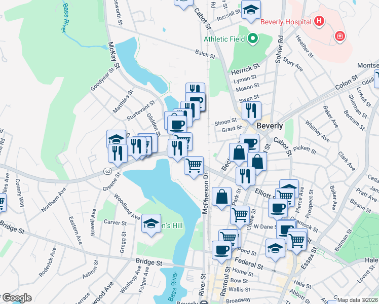 map of restaurants, bars, coffee shops, grocery stores, and more near 181 Elliott Street in Beverly
