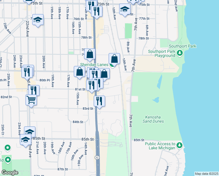 map of restaurants, bars, coffee shops, grocery stores, and more near 1130 82nd Street in Kenosha