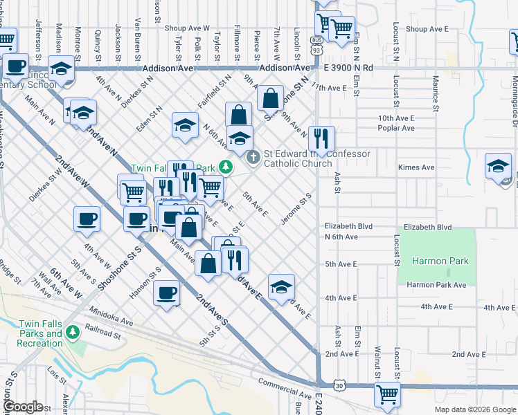 map of restaurants, bars, coffee shops, grocery stores, and more near 400 Idaho Street East in Twin Falls