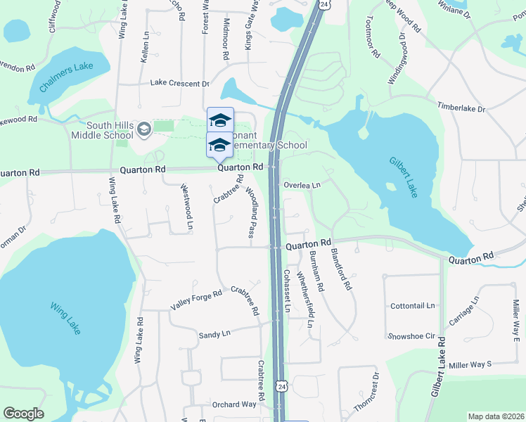 map of restaurants, bars, coffee shops, grocery stores, and more near 5615 Woodland Pass in Bloomfield Hills