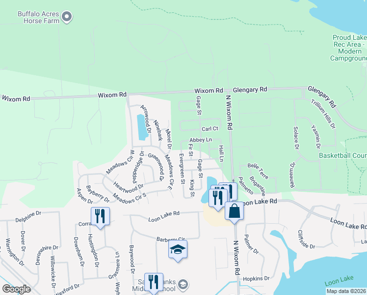 map of restaurants, bars, coffee shops, grocery stores, and more near 2301-2399 Evergreen Street in Wixom